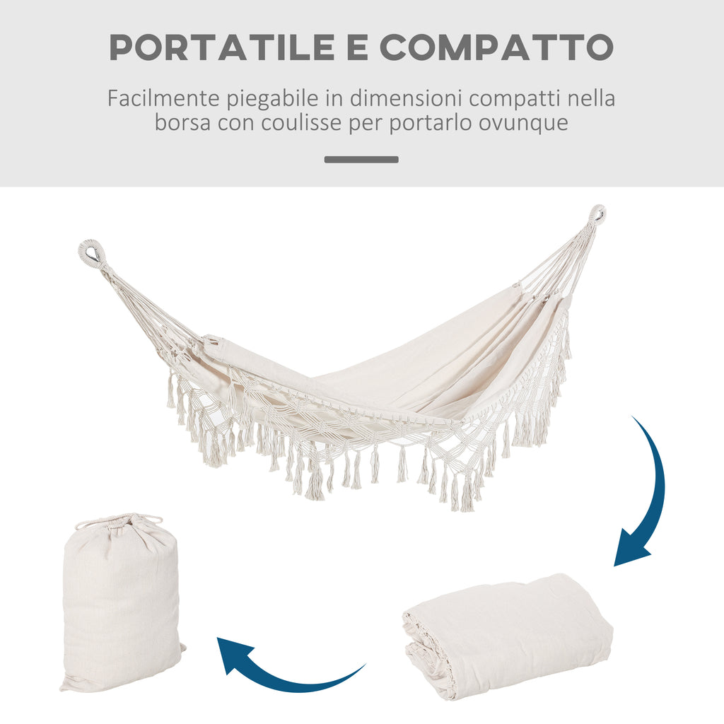 Boho Style Fringe Hanging Canvas Garden Hammock, 288x150cm, 120kg Capacity, Cream