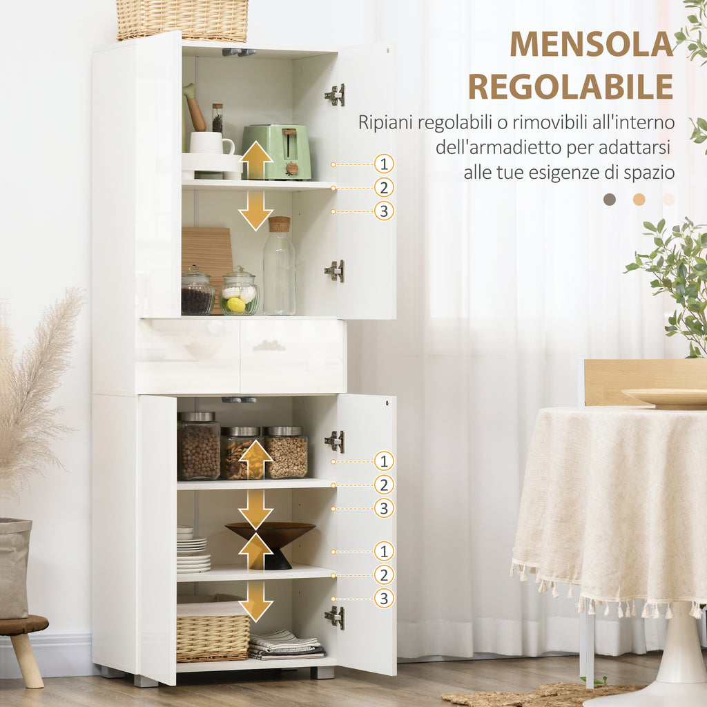 Kitchen Pantry with 4 Doors, 3 Adjustable Shelves and 5-Tier Shelves in MDF and Chipboard, 60x35x170 cm, White