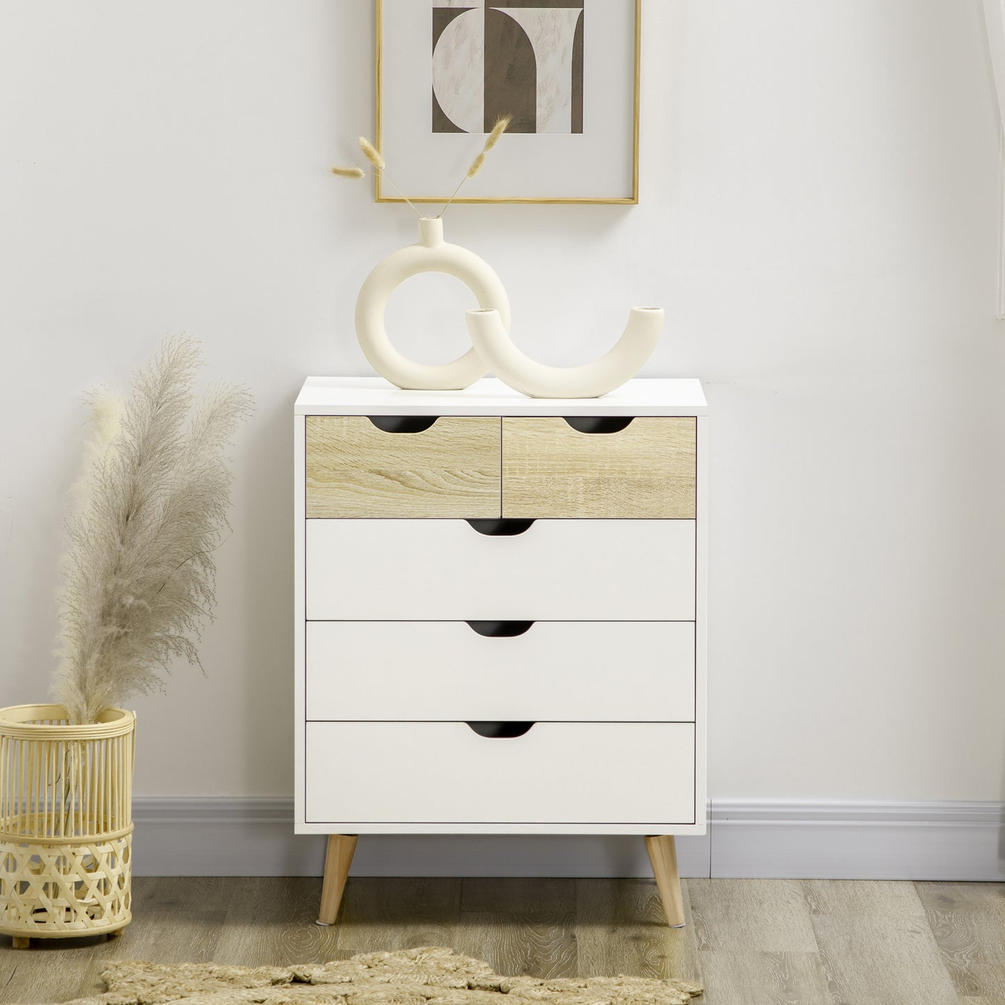 HOMCOM 5-drawer chest of drawers for bedroom with carved handles, 60x40x77.5cm, white and wood