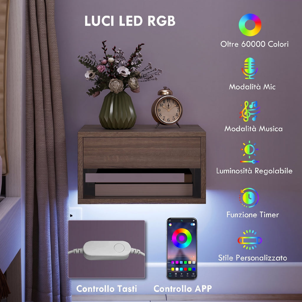 HOMCOM Set of 2 Wall-Mounted Bedside Tables with Built-in RGB LED Lights, Adjustable via APP, Drawer and Shelf, 37x32x21 cm, Wood Color