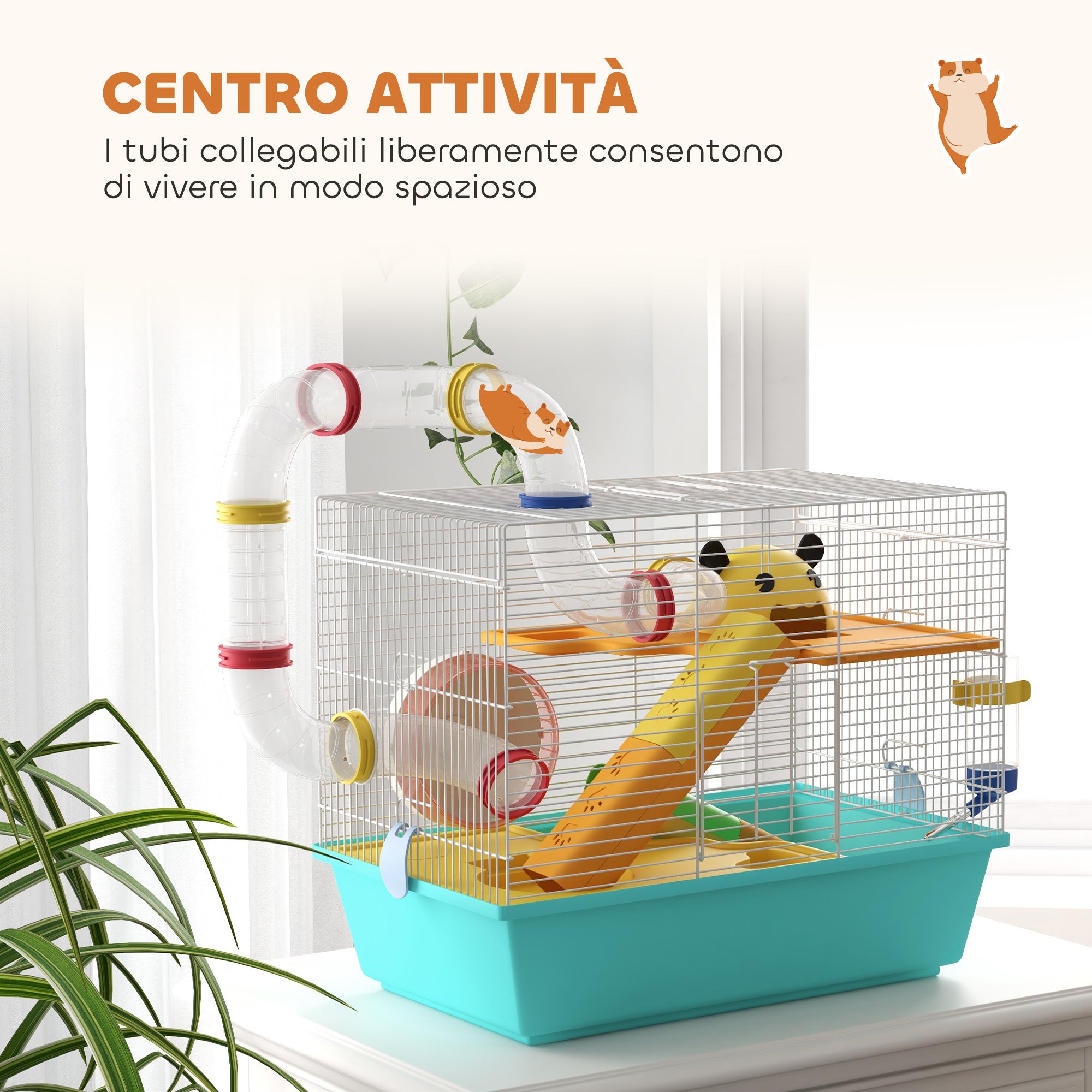 PawHut Hamster Cage with Wheel, House, Bowl, Ramps and Tank, in Steel, PS and PP, 45x28x37 cm, White and Blue