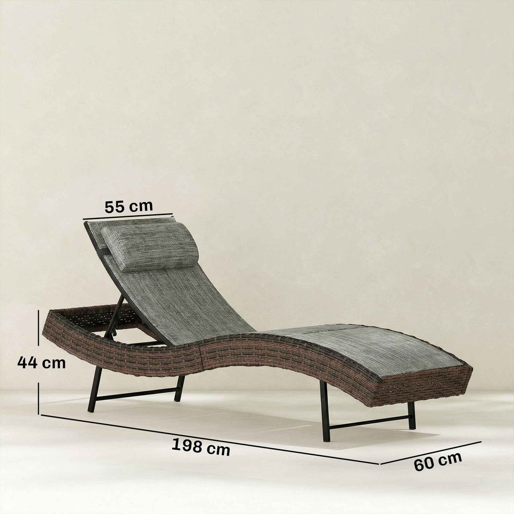 Outsunny S-Shaped Rattan Garden Sun Lounger with 5-Position Cushion, 60x198x44cm, Brown