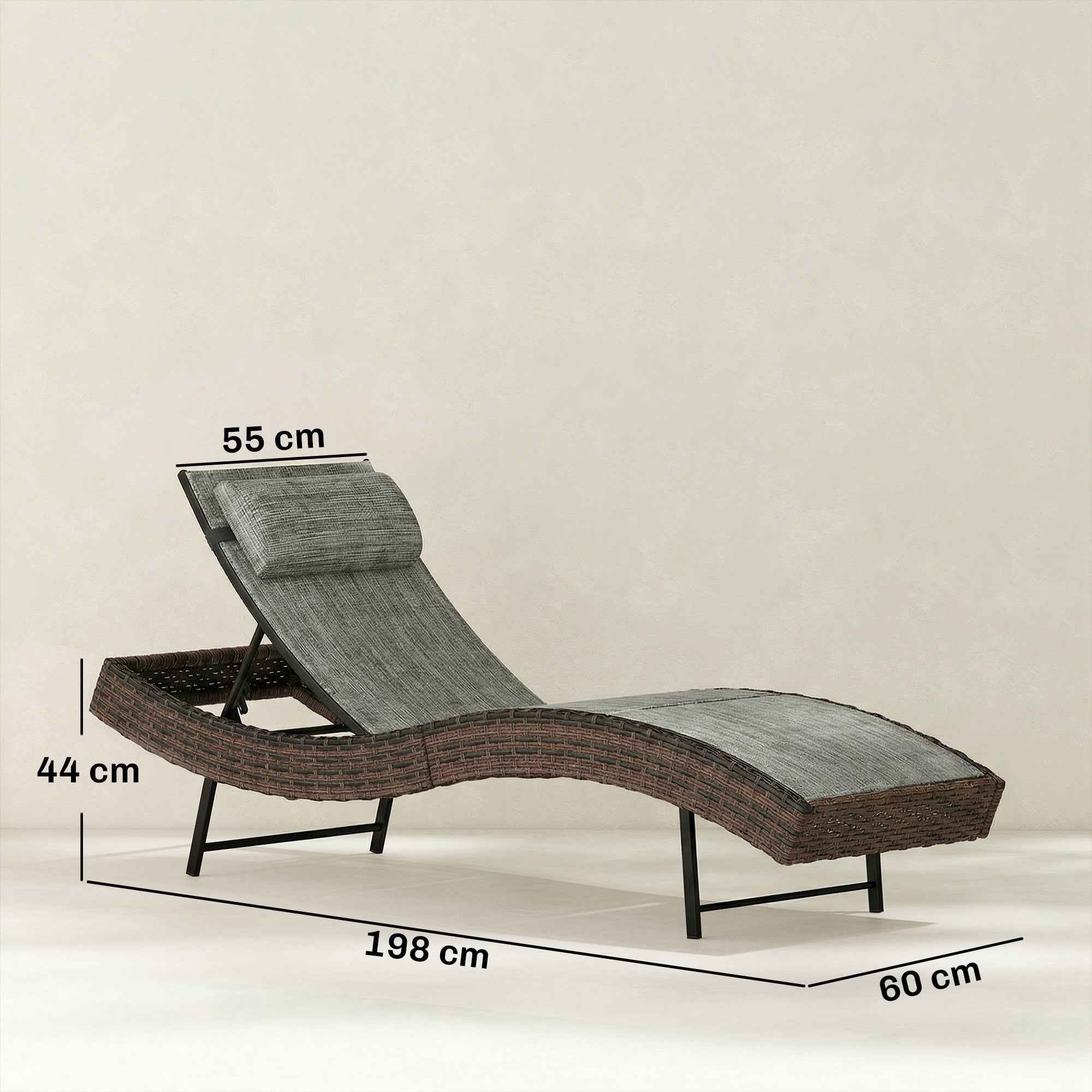Outsunny S-Shaped Rattan Garden Sun Lounger with 5-Position Cushion, 60x198x44cm, Brown