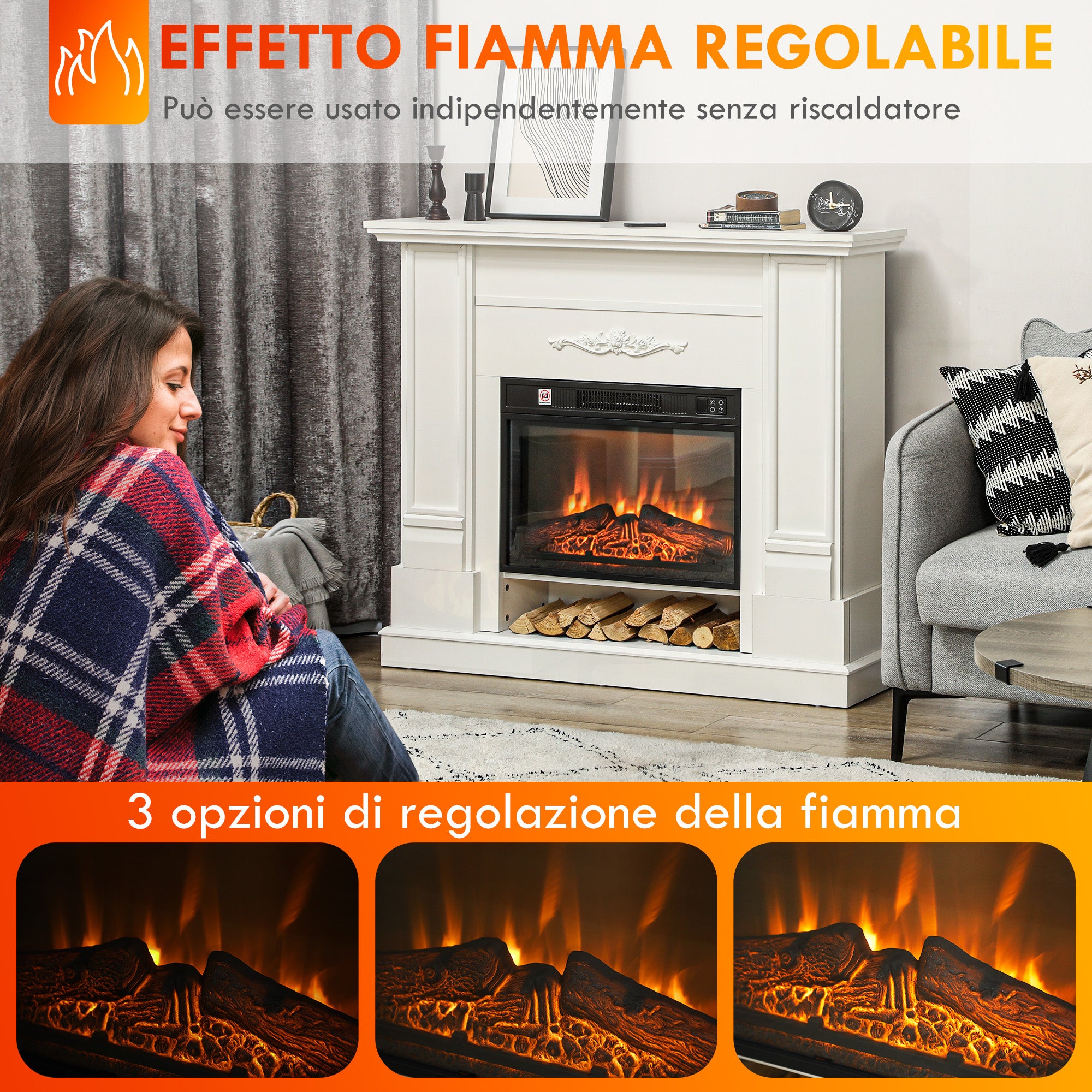 Electric Fireplace 1800W with 3-Intensity Flame and Remote Control, in Wood, Metal and Glass, 117x30x100 cm, White