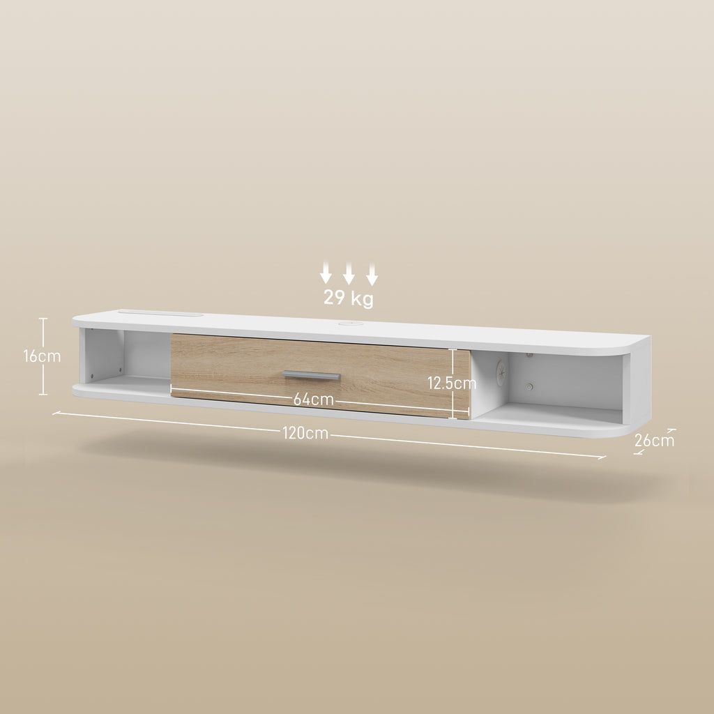 Wall Mounted Wooden TV Cabinet with 2 Open Shelves and Cabinet, 120x26x16 cm, White and Oak