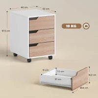 MDF Chest of Drawers with 3 Drawers and Wheels for Office or Study, White and Wood, 40x50x57.5cm
