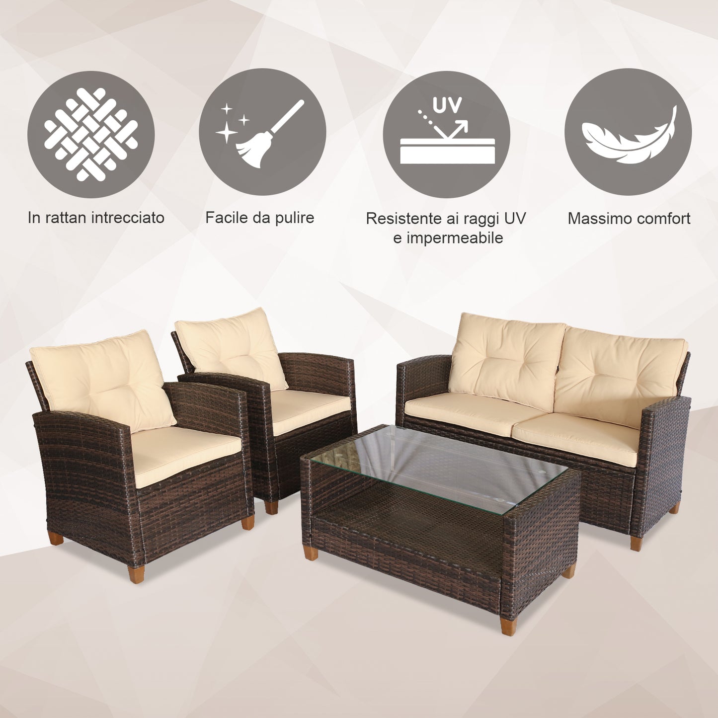 NARCO | 4 Piece PE Rattan Garden Furniture Set and Coffee Table, Upholstered Sofa and Armchairs Brown and Beige 124x68x76cm