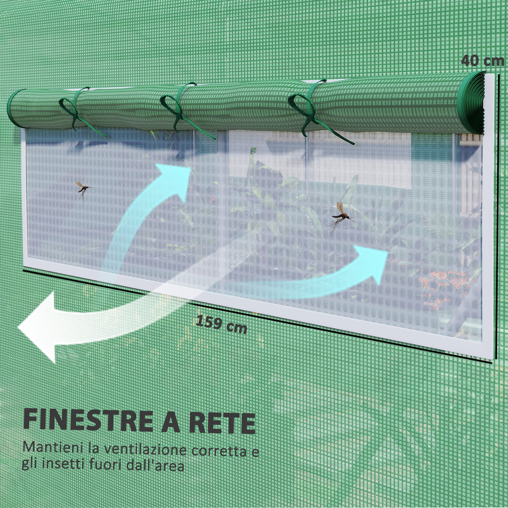 unnel Greenhouse with 3 Roller Doors and 6 Windows, in Galvanized Steel and PE, 6x3x2 m, Green