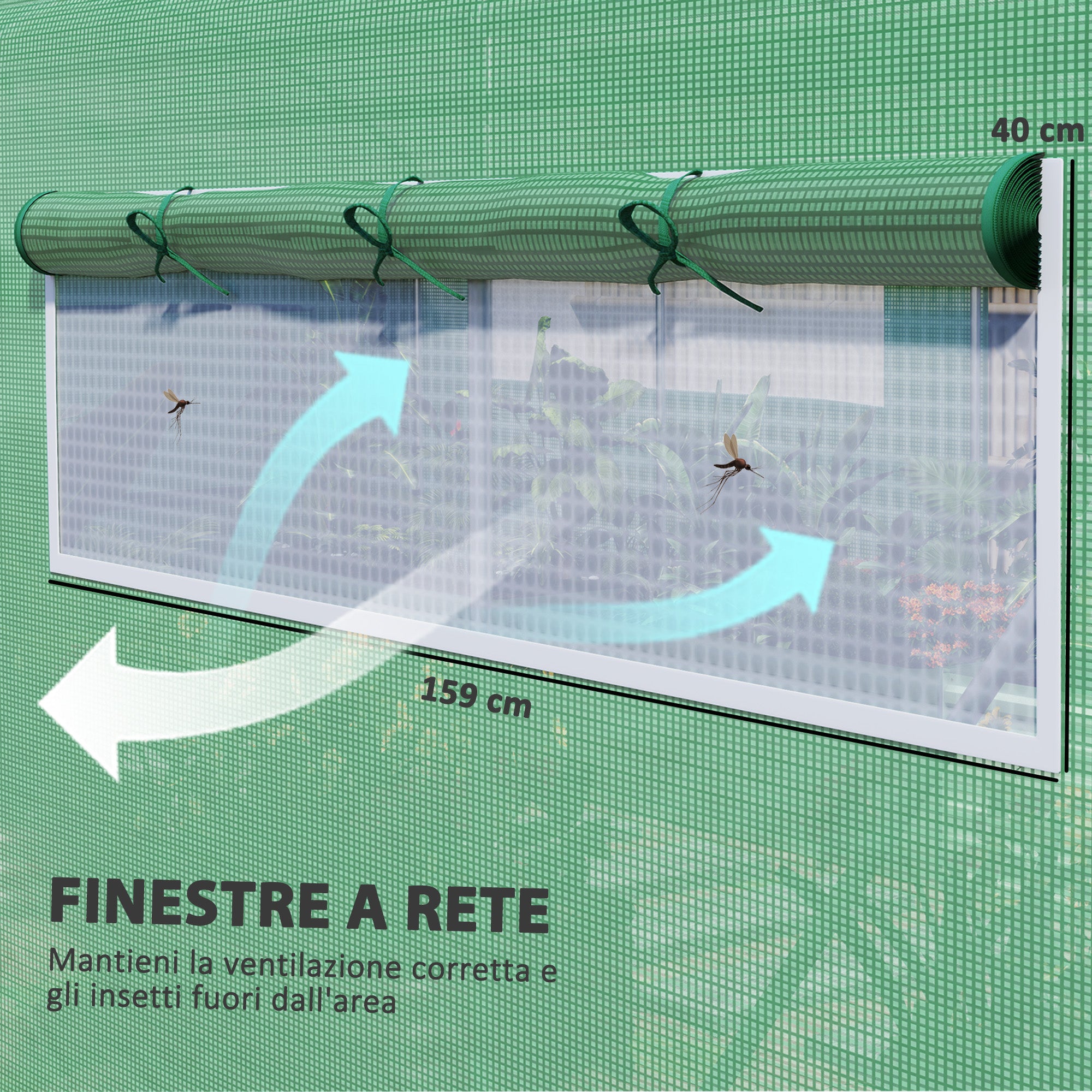 unnel Greenhouse with 3 Roller Doors and 6 Windows, in Galvanized Steel and PE, 6x3x2 m, Green