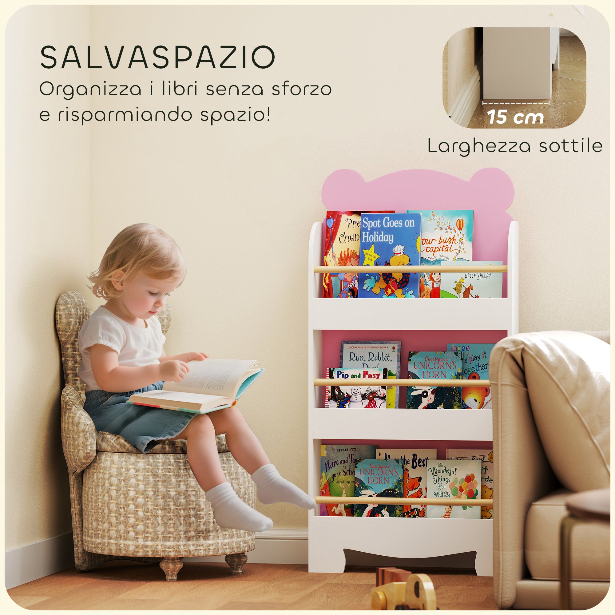 Children's Bookcase with 3 Shelves in the Shape of a Teddy Bear with Front Barriers, 55x15x110 cm, Pink