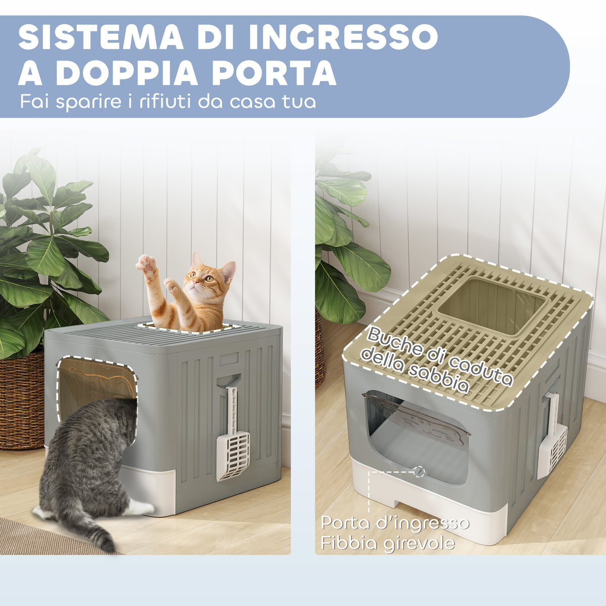 PawHut Cat Litter Box M 60L with Lid, Removable Tray, Scoop, Anti-Leak, Easy to Clean, Grey