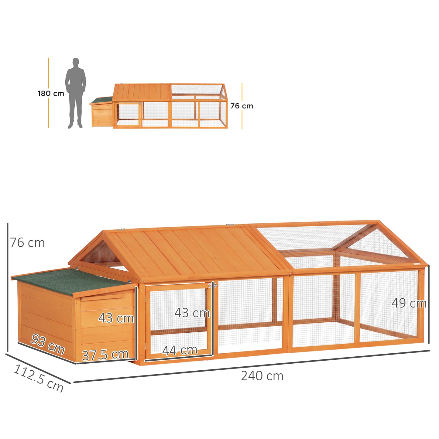 Wooden Chicken Coop for 4-8 Chickens with Wire Mesh and Opening Roof, 240x112. 5x76 cm, Orange