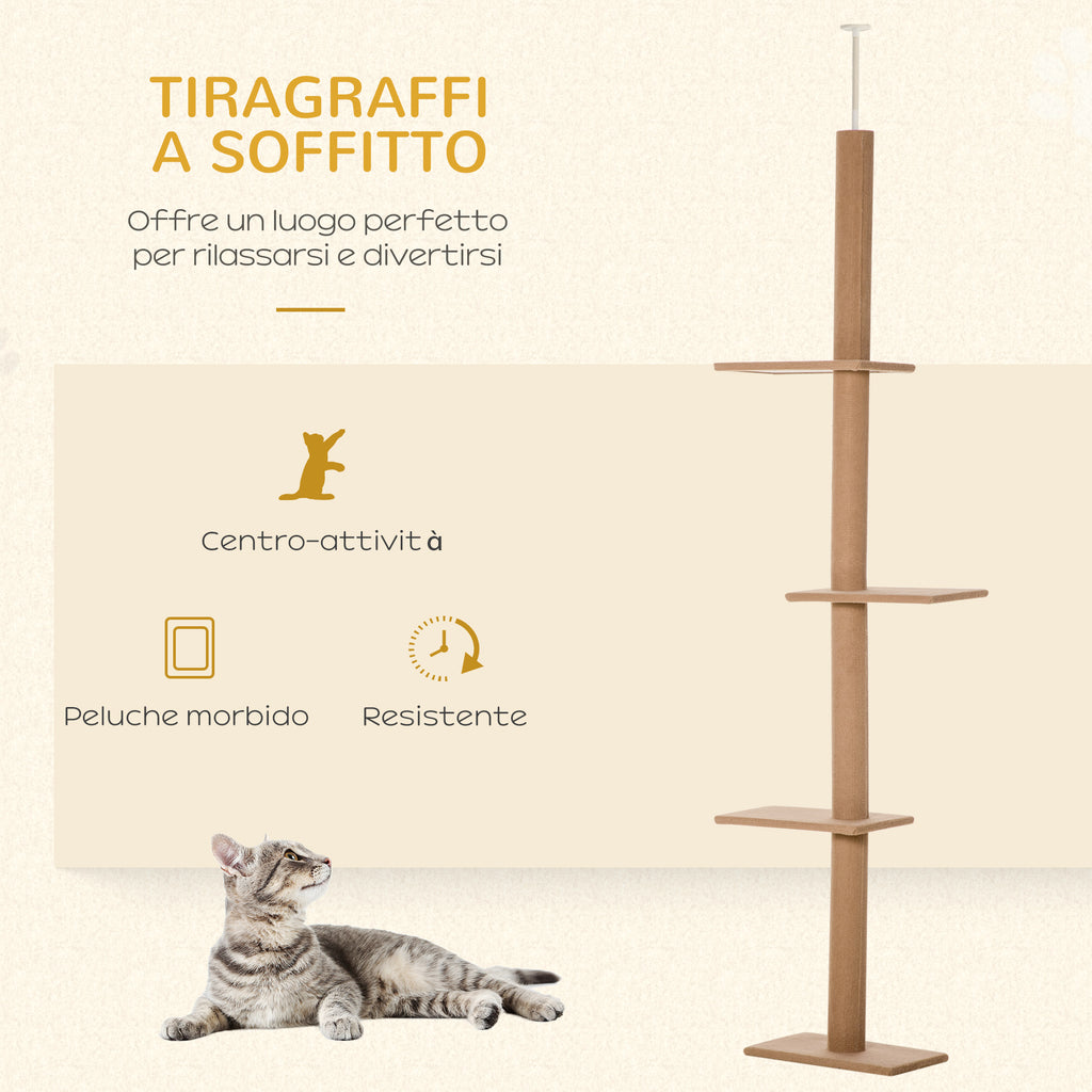 4-Tier Cat Scratching Tree, Adjustable Ceiling Mount, 43x27x228-260cm