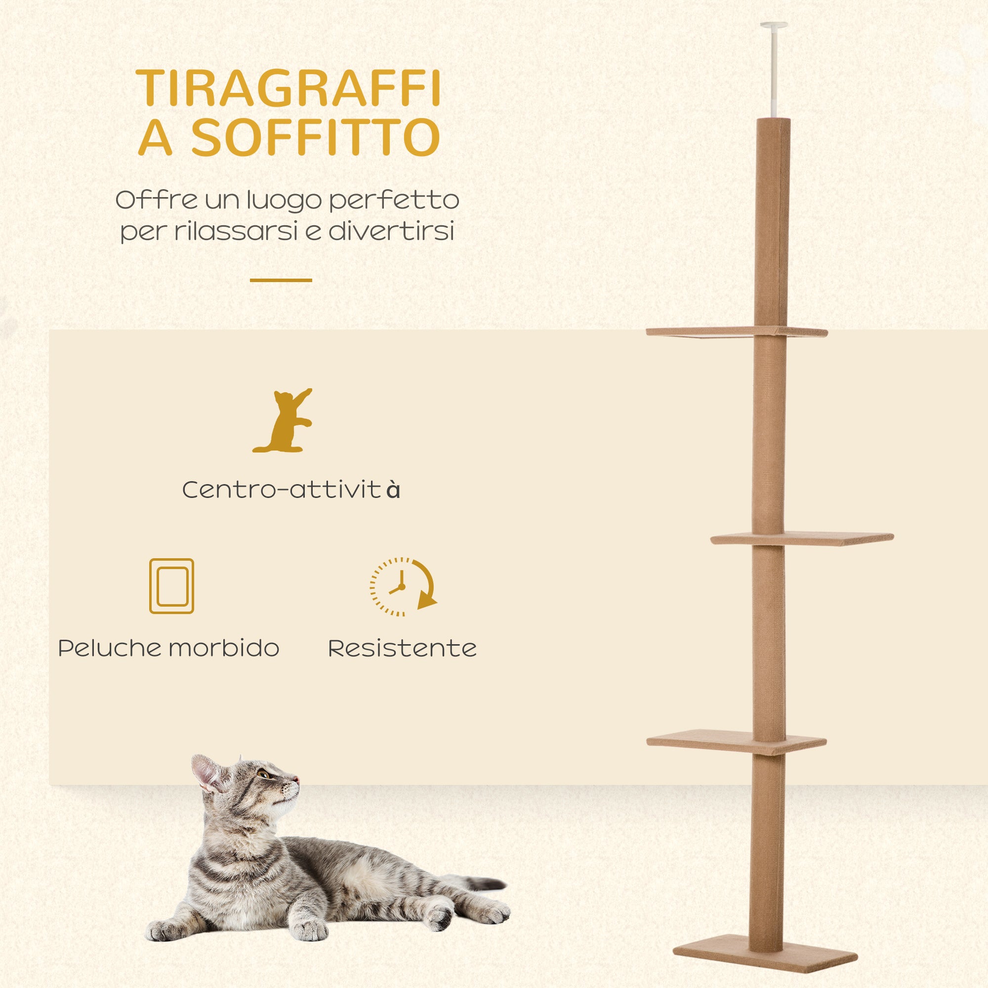 4-Tier Cat Scratching Tree, Adjustable Ceiling Mount, 43x27x228-260cm