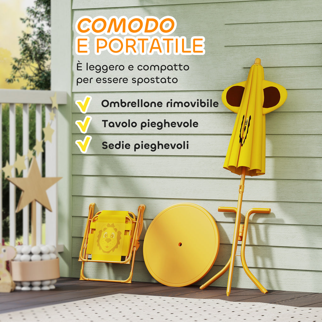 Garden Set for Children 2-5 Years with Round Table, 2 Folding Chairs and a Umbrella, Yellow