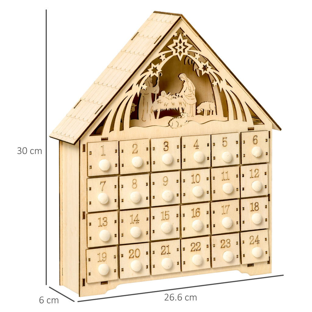 Wooden Advent Calendar with 24 Drawers, Christmas Decoration with Carved Nativity Scene and Lights, 26.6x6x30cm