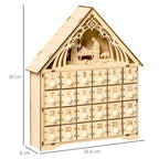 Wooden Advent Calendar with 24 Drawers, Christmas Decoration with Carved Nativity Scene and Lights, 26.6x6x30cm