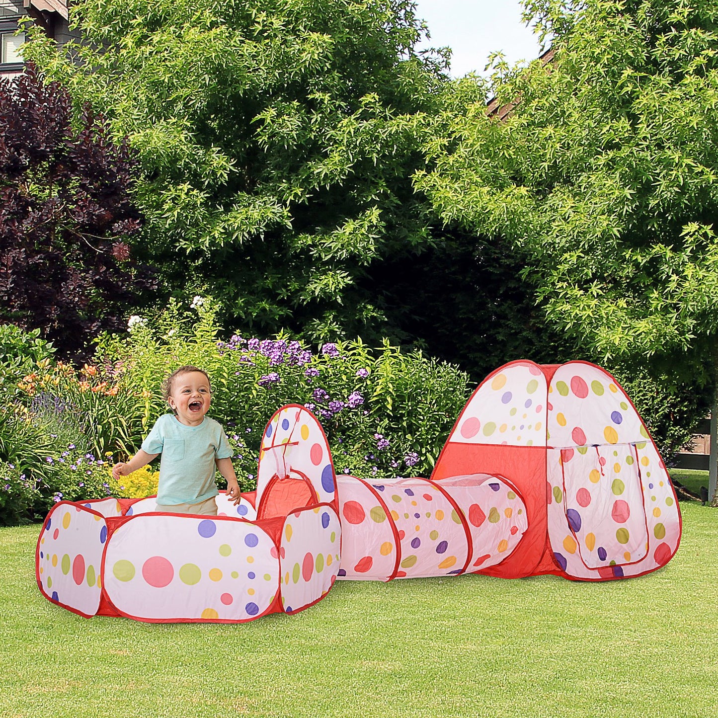 HOMCOM 3 in 1 Tent for Children 18+ Months with Tunnel, Ball Pit and Basket, Pop-Up System (290x120x90cm)