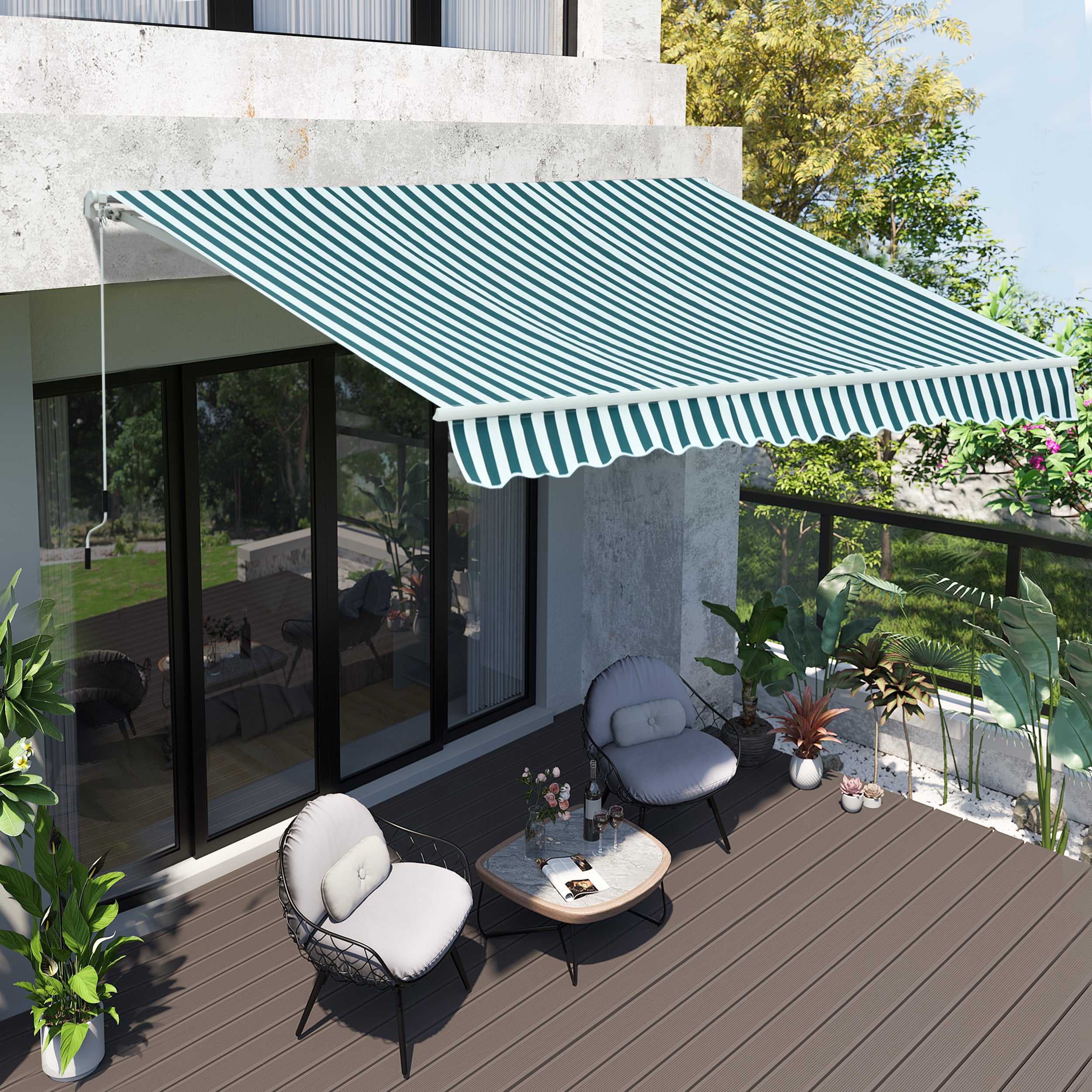 Outdoor Awning with Arms with Crank, Metal and Polyester, 295x250cm Green and White