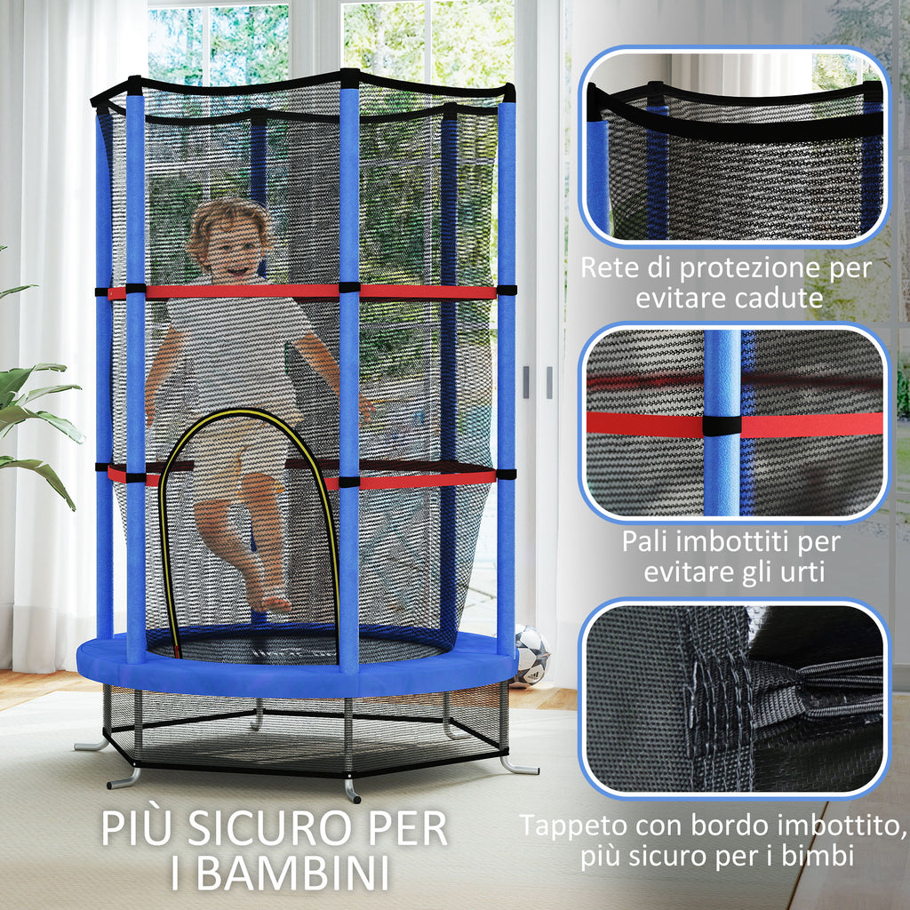 Trampoline for Children 3-6 Years with Safety Net, 6 Columns and 3 Entrances, Ø140x190 cm, Blue and Black