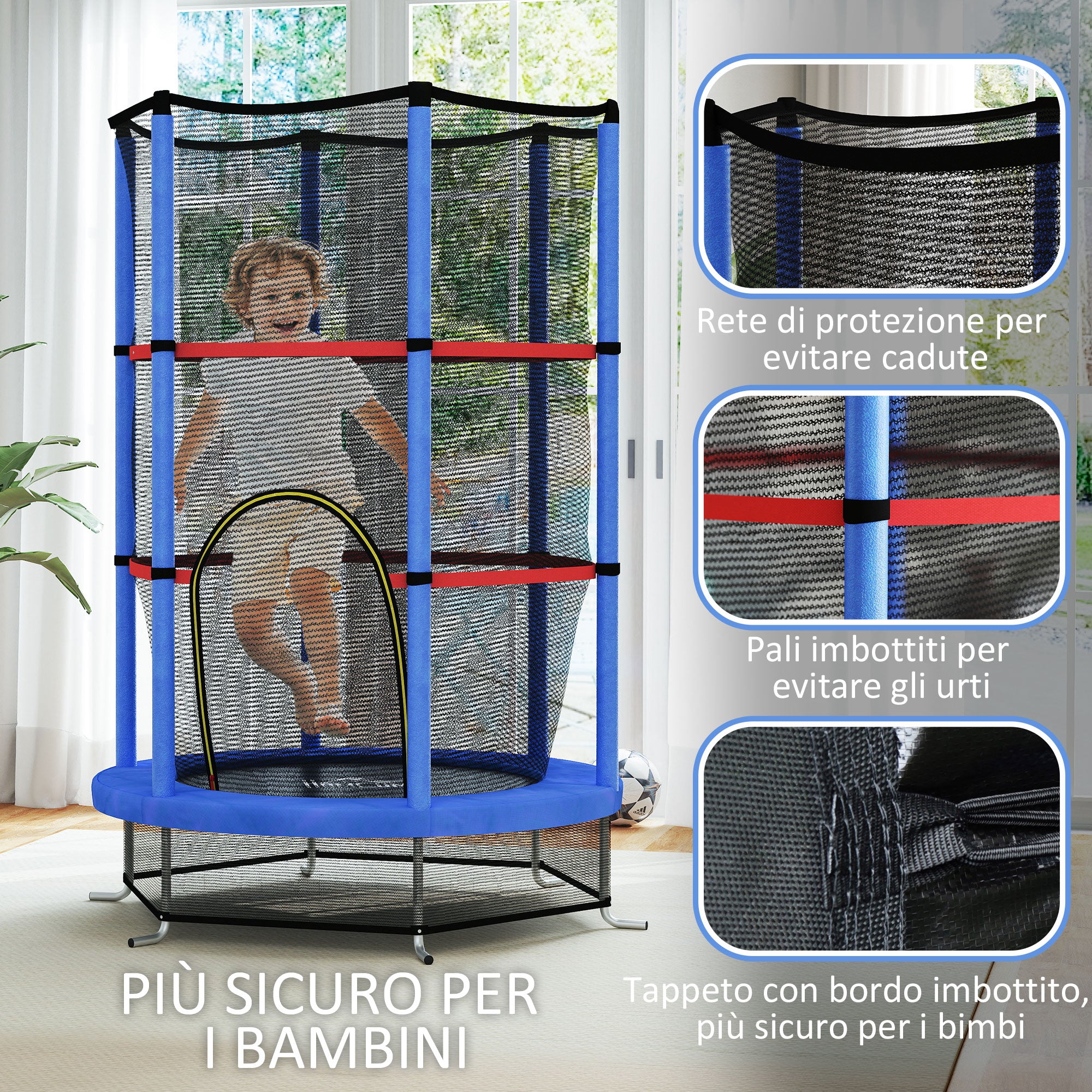 Trampoline for Children 3-6 Years with Safety Net, 6 Columns and 3 Entrances, Ø140x190 cm, Blue and Black
