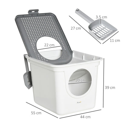 Double-Entrance Closed Cat Litter Box with Tray and Scoop, Made of PE Plastic, 44x55x39 cm, White