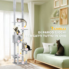 Ceiling Cat Tree with Adjustable Height 225-255 cm with House and Hammock, Light Grey