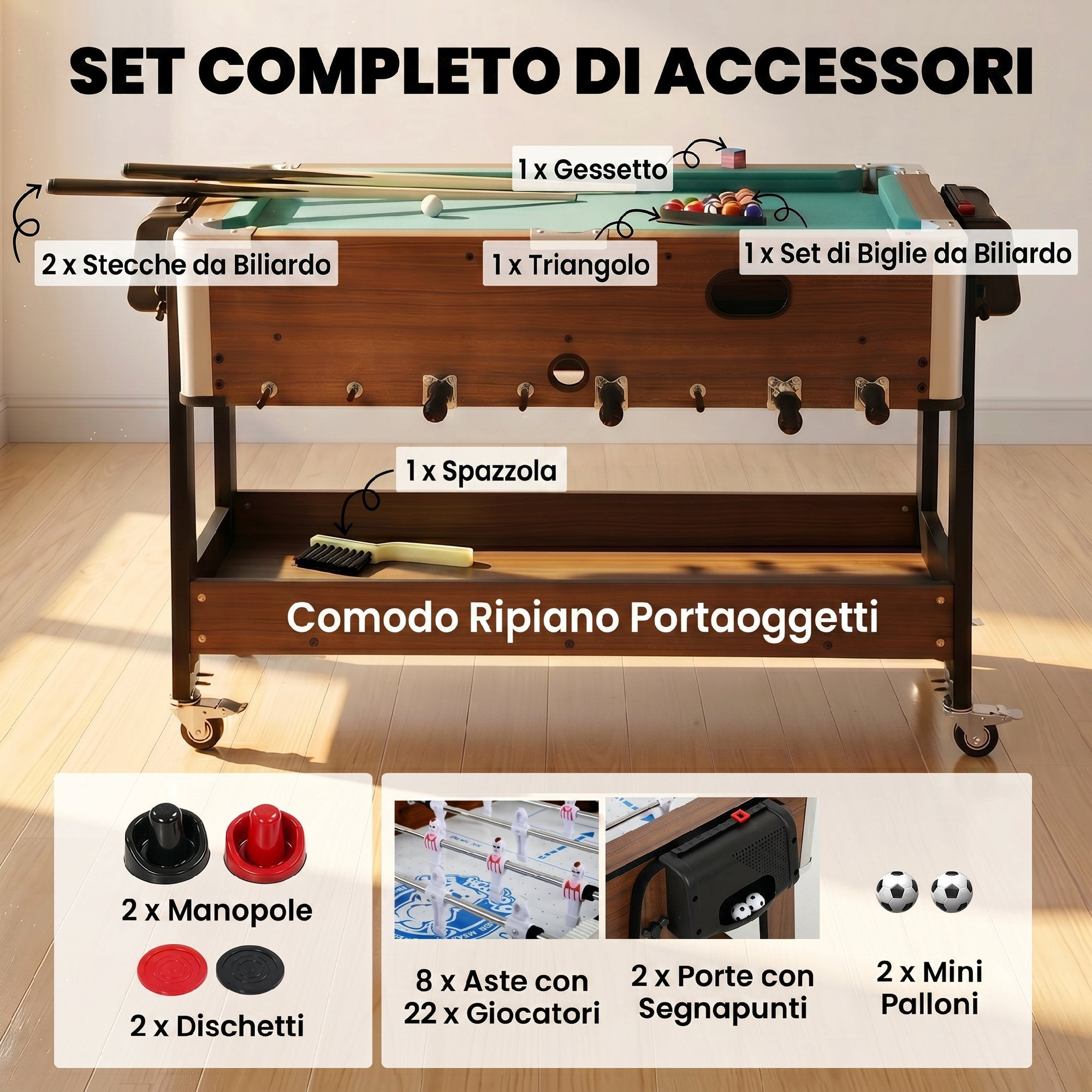 SPORTNOW 3-in-1 Table: Air Hockey, Pool Table, Table Football, Lockable Wheels, Shelf