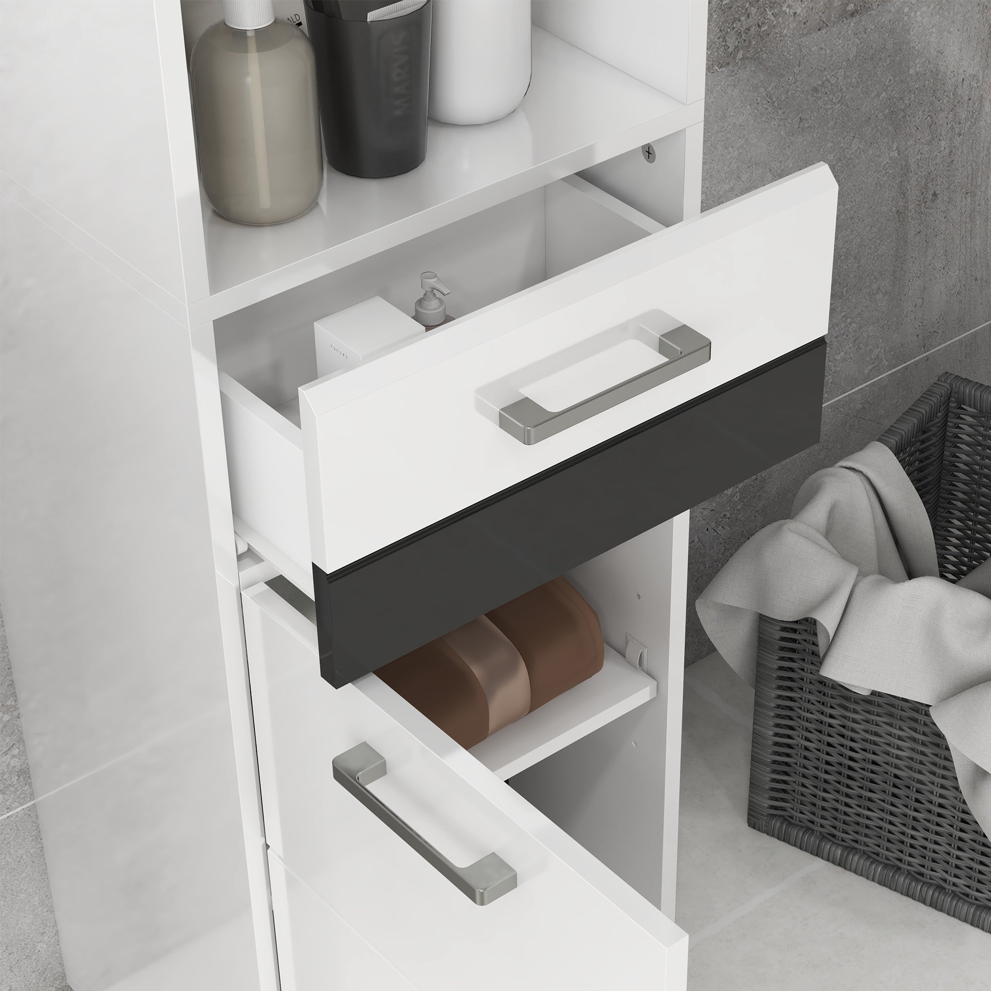 Kleankin Bathroom column in MDF with open shelf, drawer and locked locker, 37x32.5x170 cm, white - Borgè