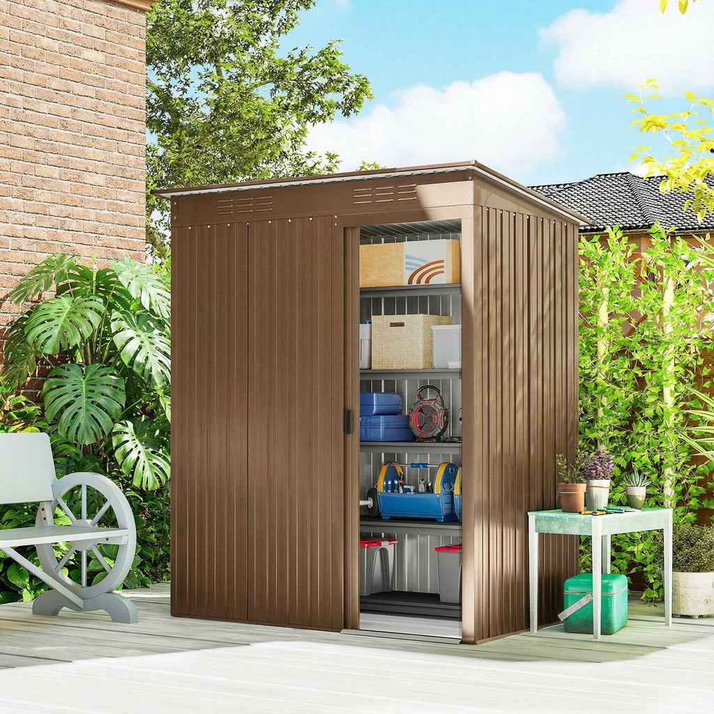 Outsunny Metal Garden Shed with Vents and Sliding Door, 159x106x181 cm, Brown