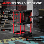 3-Tier Plastic Tool Cart with Side Perforated Panel, Black and Red