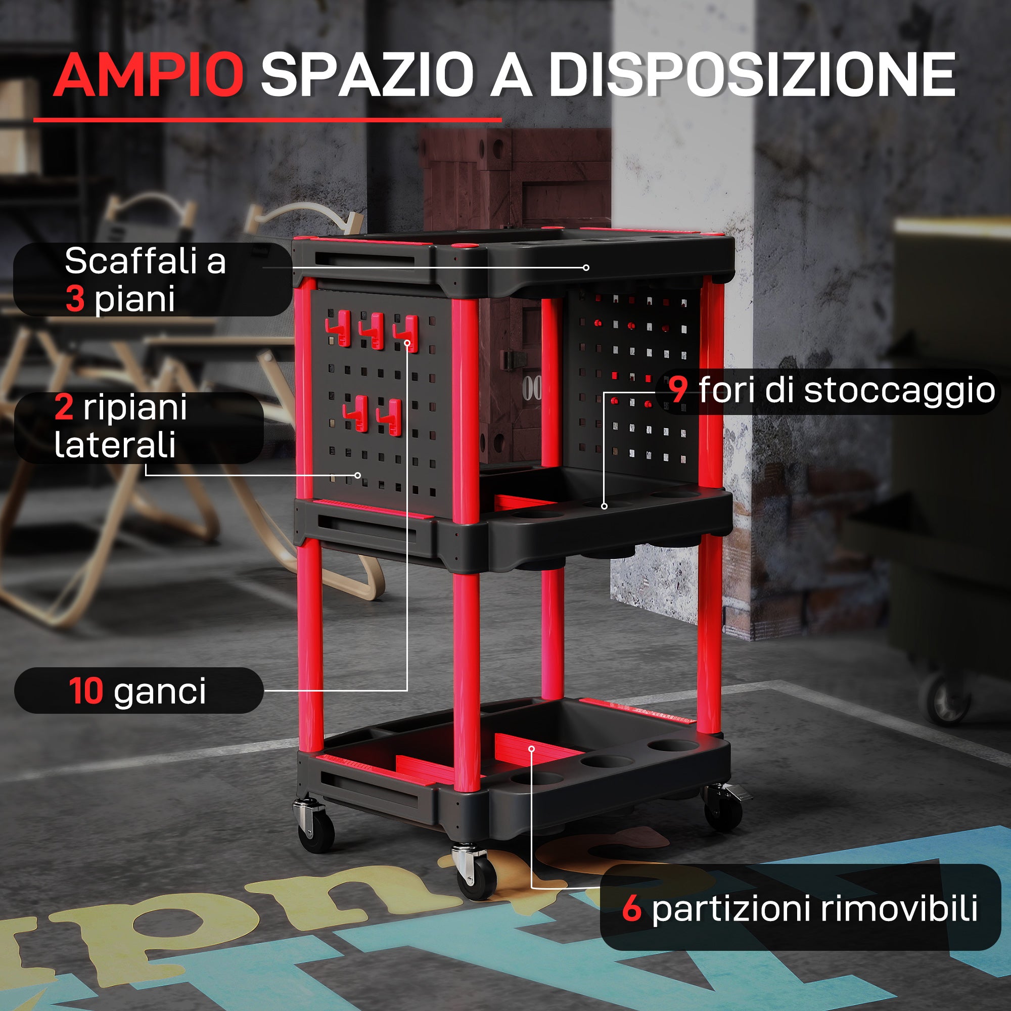 3-Tier Plastic Tool Cart with Side Perforated Panel, Black and Red