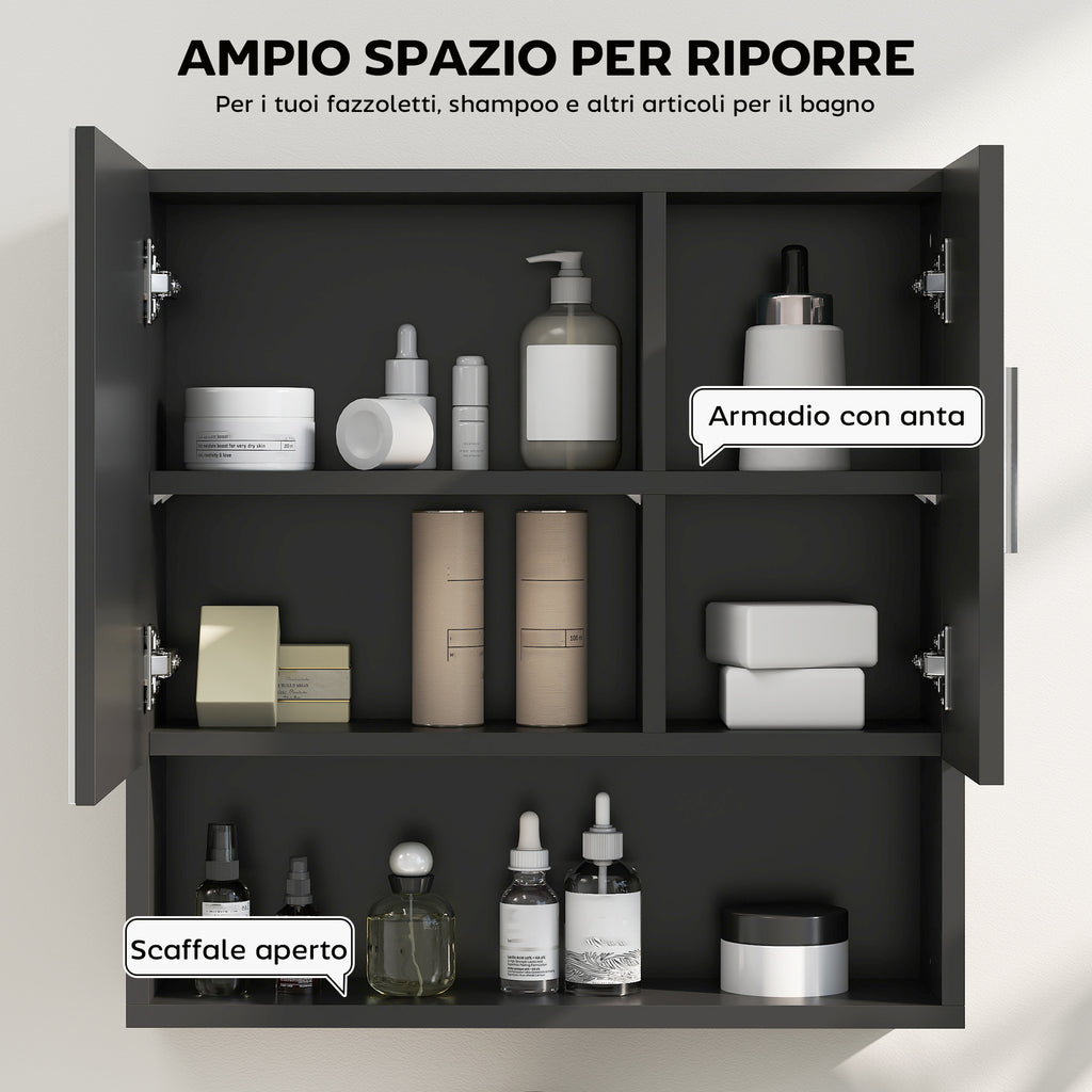 Wooden Bathroom Mirror Cabinet with Adjustable Shelves and Open Shelf, 54x15.2x55.3 cm, Black