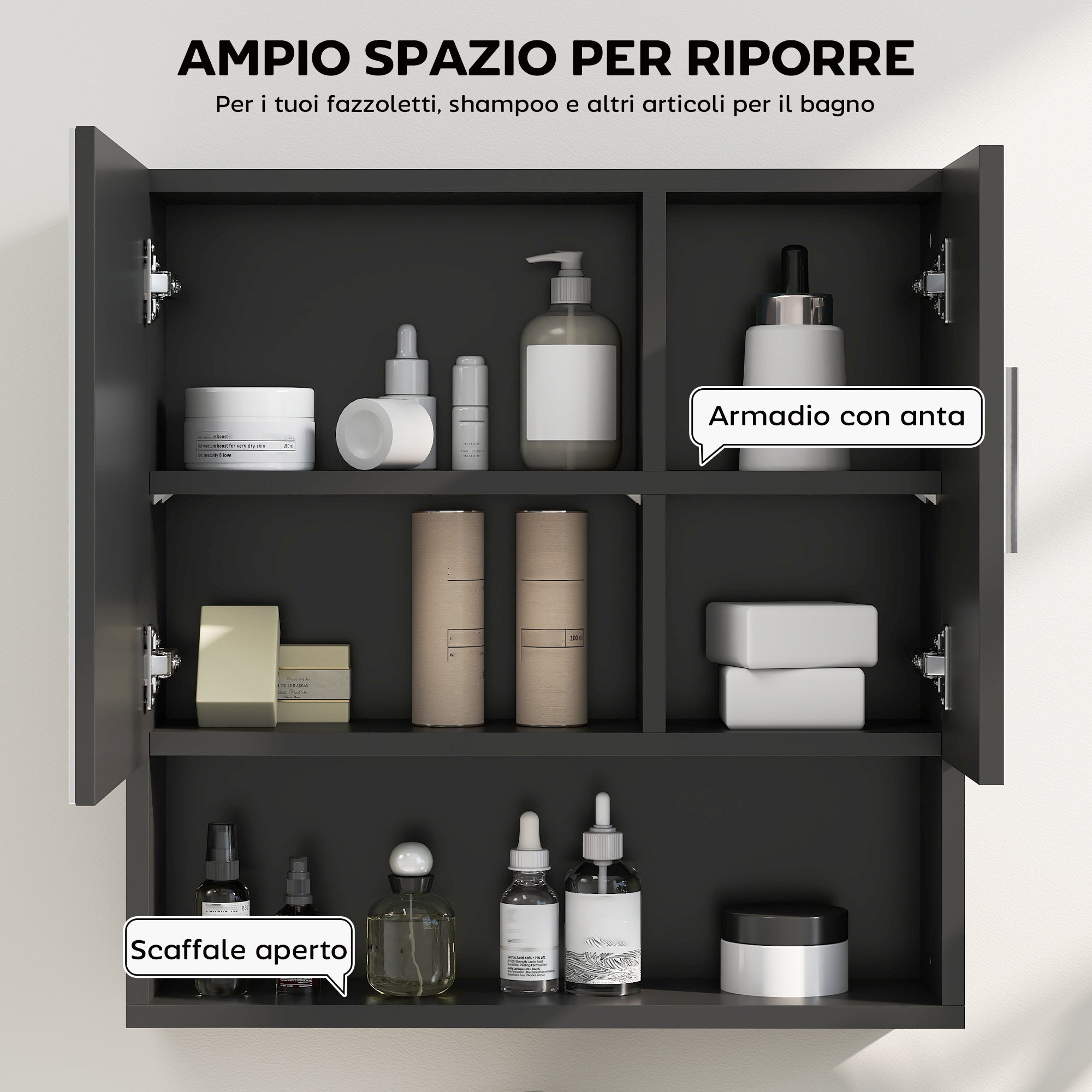 Wooden Bathroom Mirror Cabinet with Adjustable Shelves and Open Shelf, 54x15.2x55.3 cm, Black