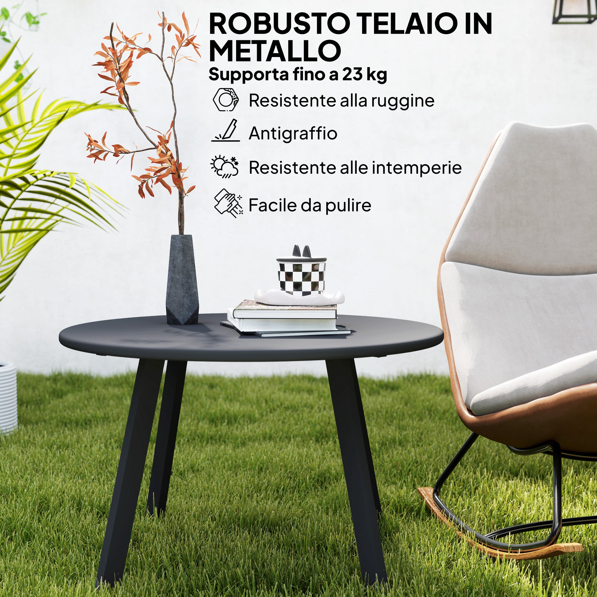 Round Garden Coffee Table in Industrial Style with Non-Slip Feet, in Metal, Ø70x42 cm, Black