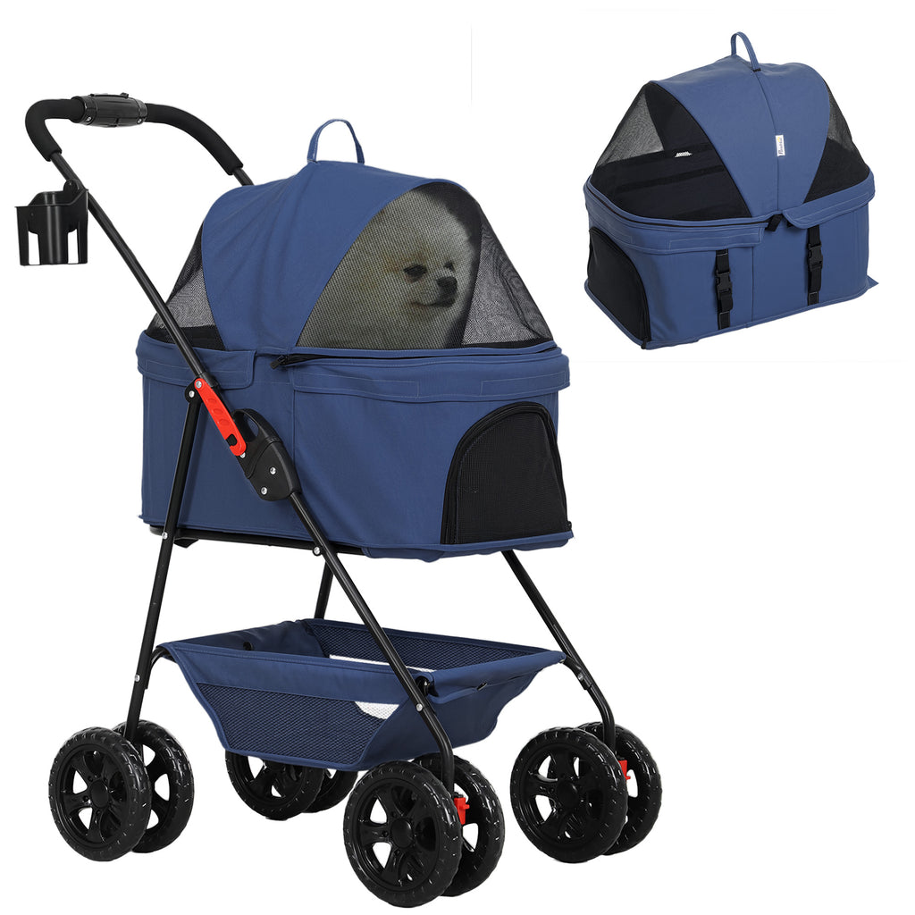 3 in 1 Foldable Dog Stroller with Carrying Bag and Bottom Basket, Blue