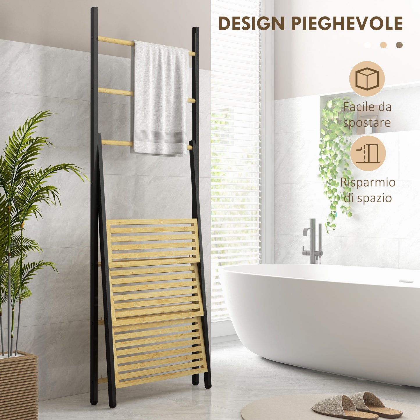 Folding Towel Rack with 3 Bars and 3 Shelves, in Bamboo and Steel, 53x31x153 cm, Black and Wood Color