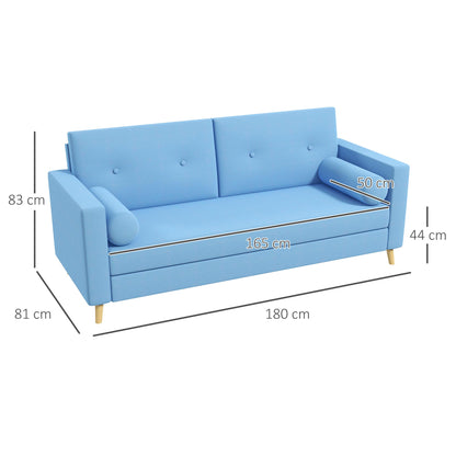 NUVOLA - 3 Seater Fabric Sofa with 2 Cylinder Cushions, 180x81x83cm, Blue