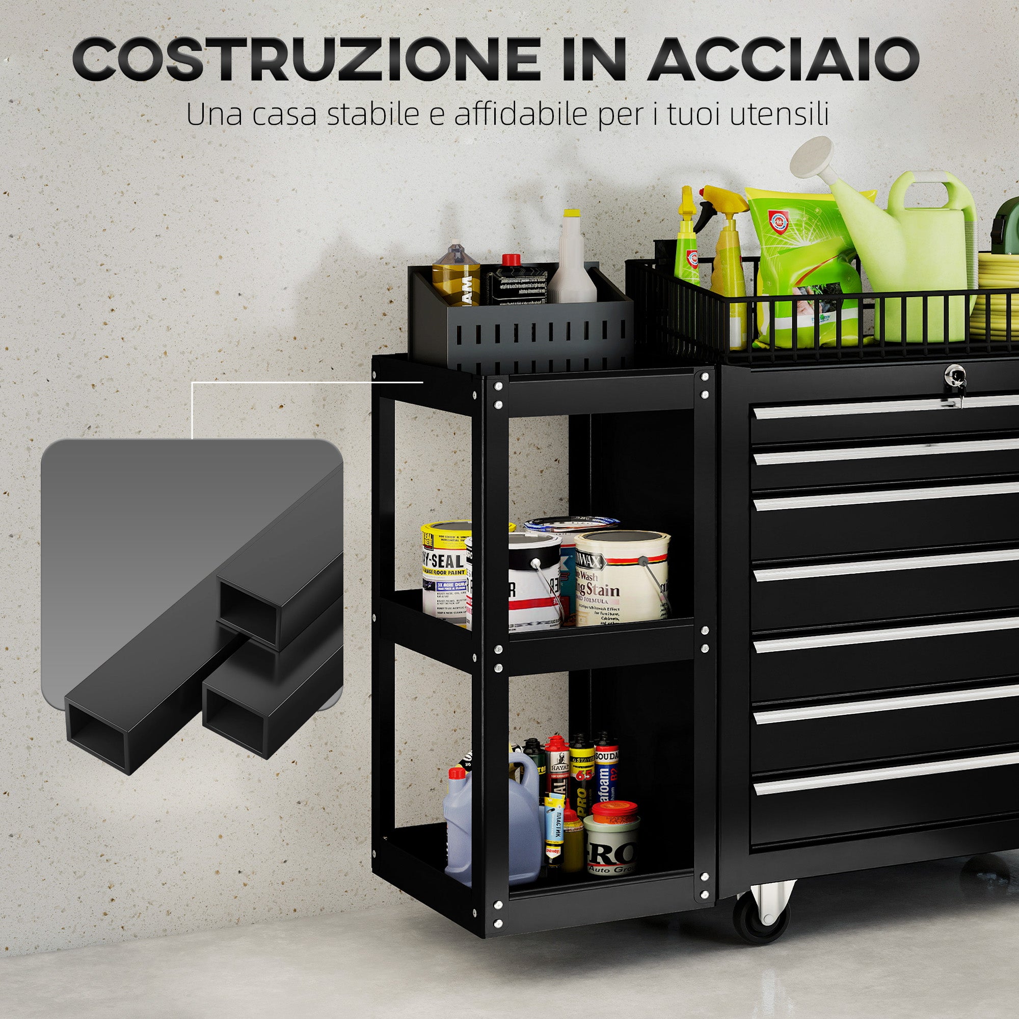 HOMCOM Steel Tool Cart with 7 Drawers, Detachable Side Shelf, Wheels, 120kg Capacity, Black