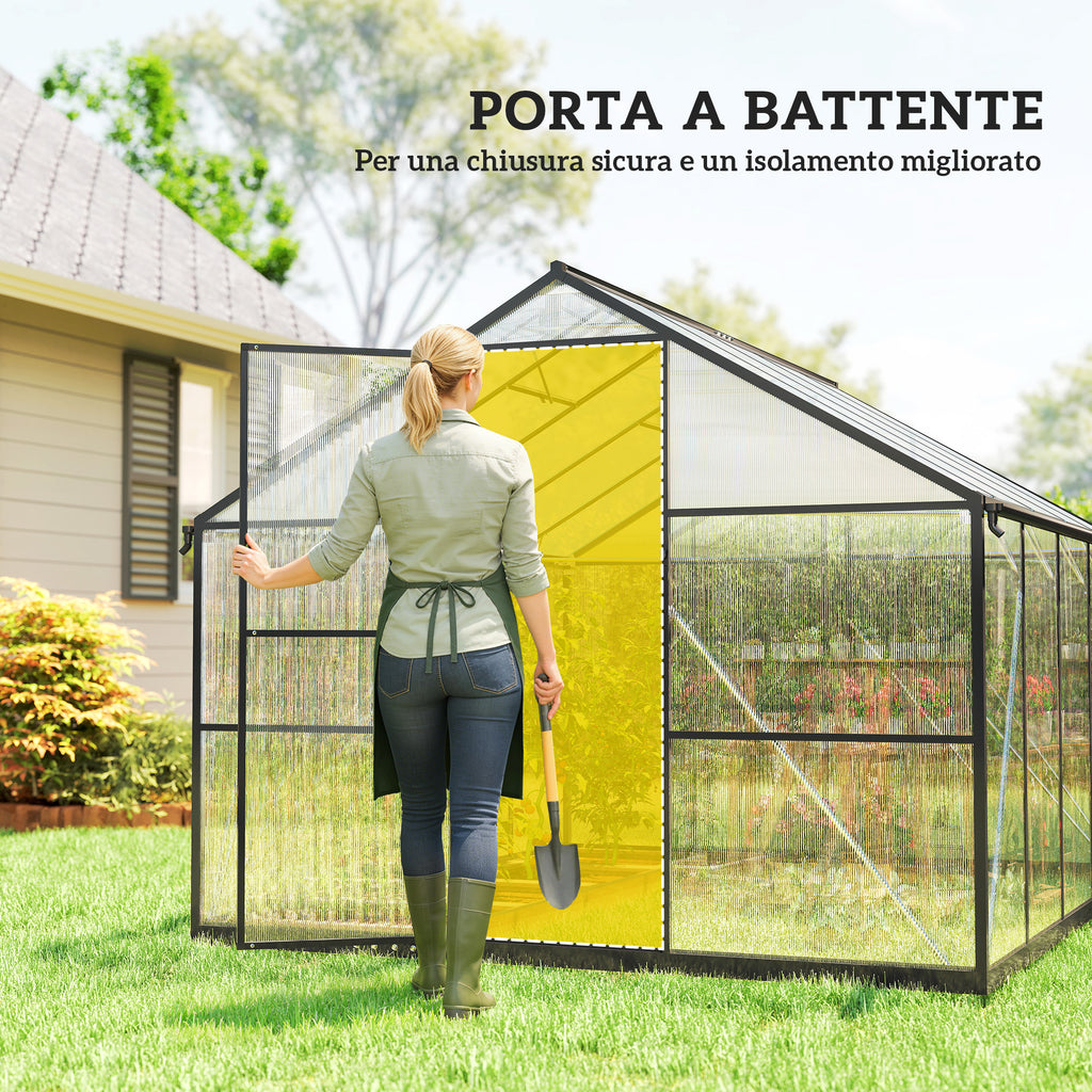 Outsunny PC and Aluminum Vegetable Garden Greenhouse with Hinged Door and 2 Adjustable Windows, 304x247x205 cm, Black