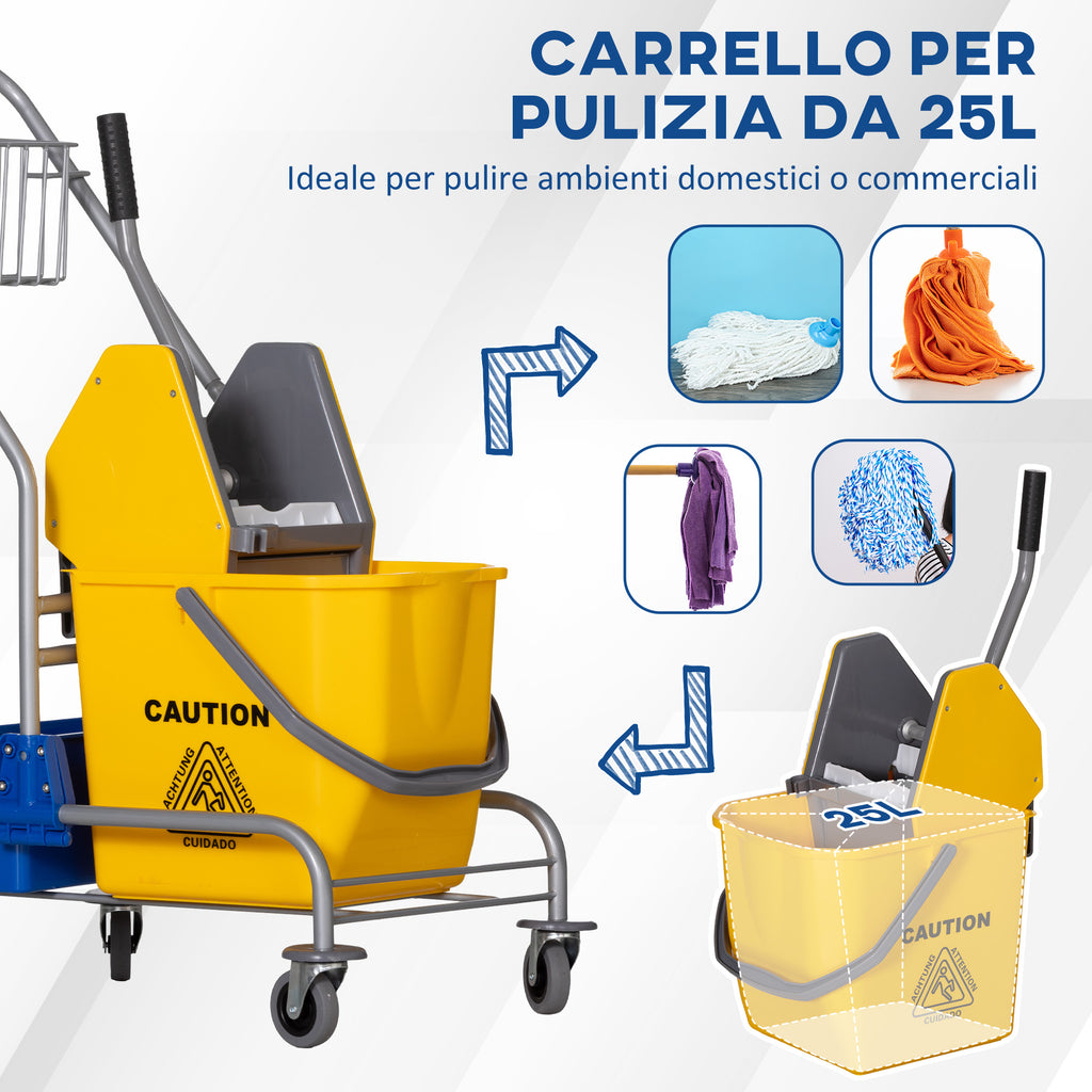 Cleaning Trolley with Wringer, 25L Bucket and Plastic Shelf, in PP and Metal, 72x49.5x95 cm, Blue and Yellow