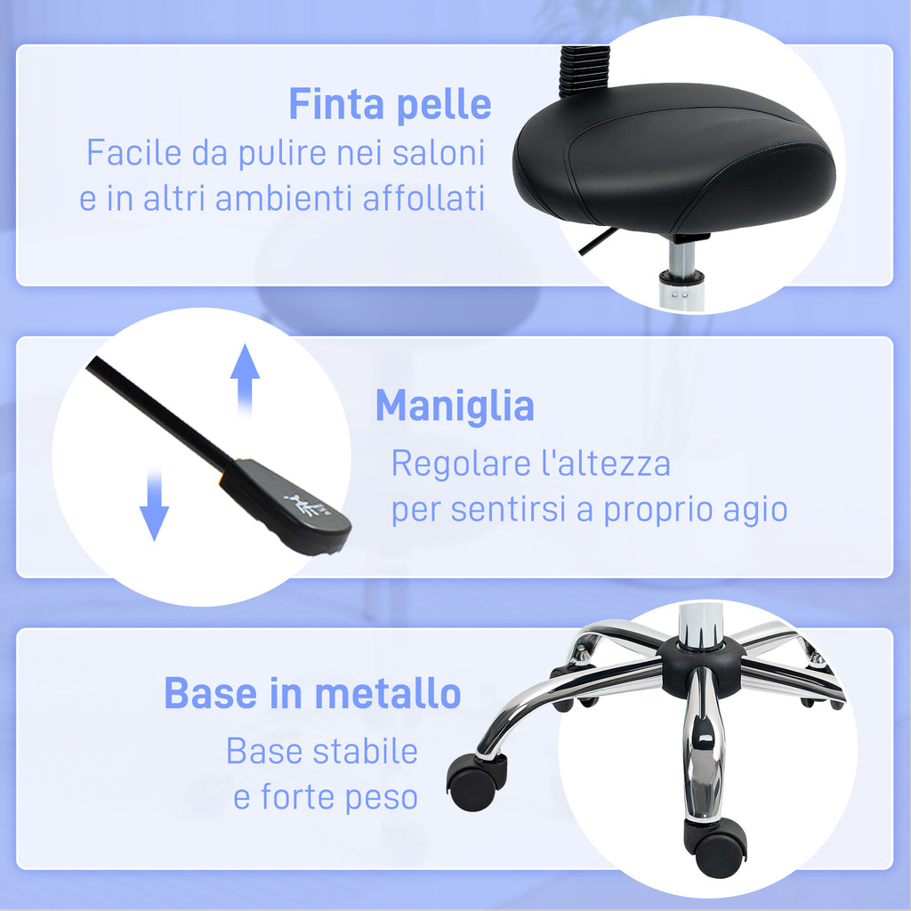 Beautician Stool with Wheels and Backrest, Adjustable Height and Swivel Seat in Faux Leather, Black