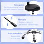 Beautician Stool with Wheels and Backrest, Adjustable Height and Swivel Seat in Faux Leather, Black