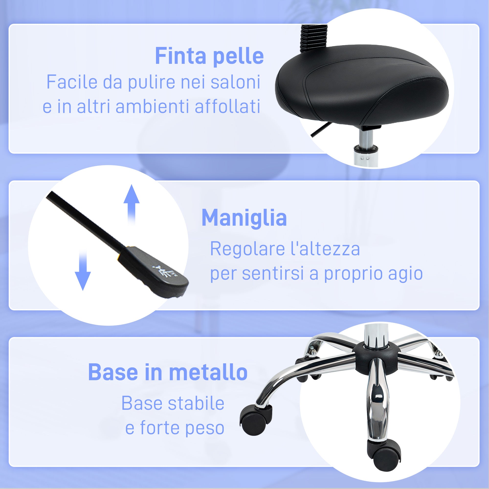 Beautician Stool with Wheels and Backrest, Adjustable Height and Swivel Seat in Faux Leather, Black