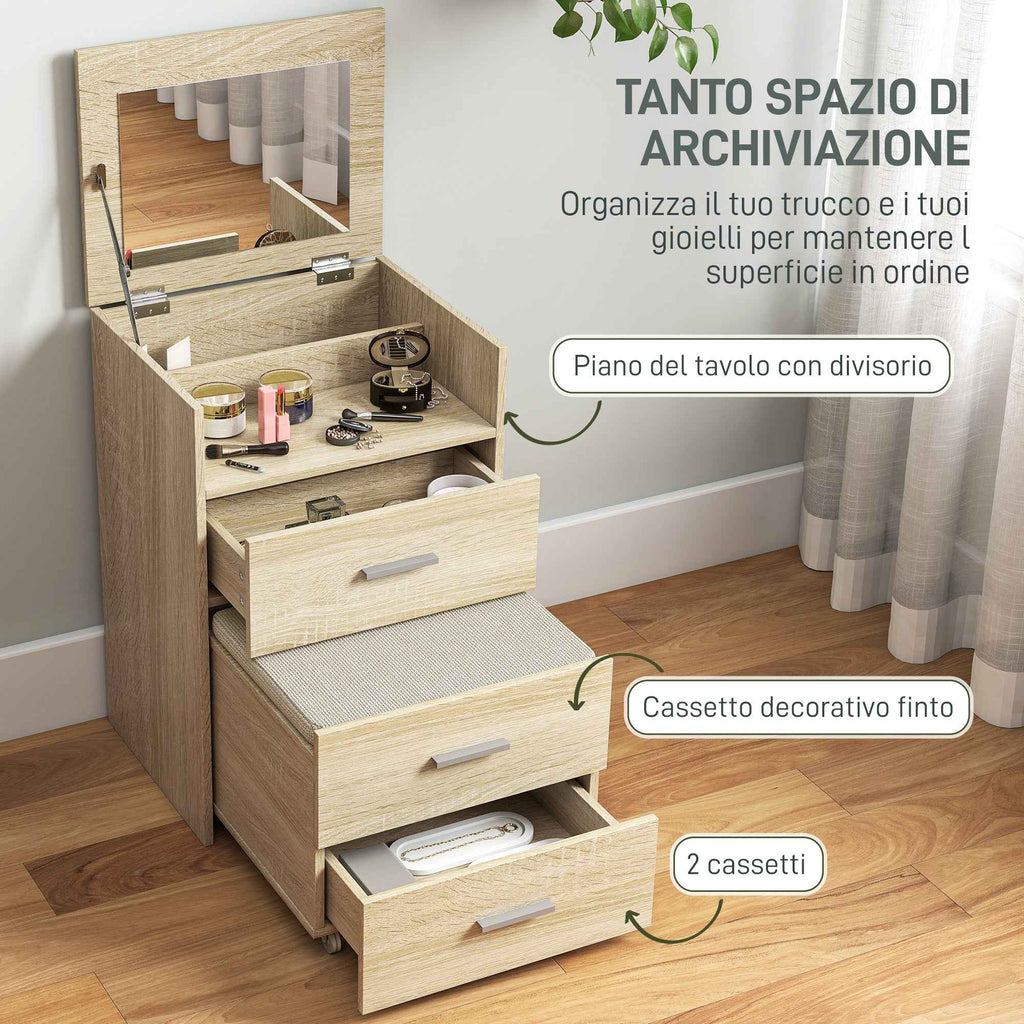Dressing Table with Folding Mirror, Drawers and Stool, in Wood and Linen Effect Fabric, Wood Color