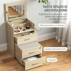 Dressing Table with Folding Mirror, Drawers and Stool, in Wood and Linen Effect Fabric, Wood Color