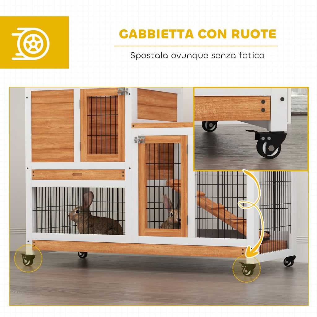 PawHut Wooden Rabbit Hutch with Wheels, Removable Trays and House with Ramp, 110x50x88 cm, Yellow and White