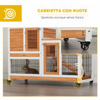 PawHut Wooden Rabbit Hutch with Wheels, Removable Trays and House with Ramp, 110x50x88 cm, Yellow and White