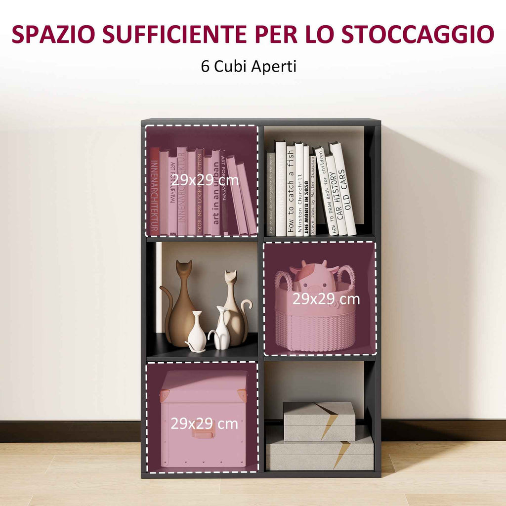 HOMCOM Cube Bookcase with 6 Storage Shelves, Wooden, 61.5 x 29.5 x 91.5 cm, Black