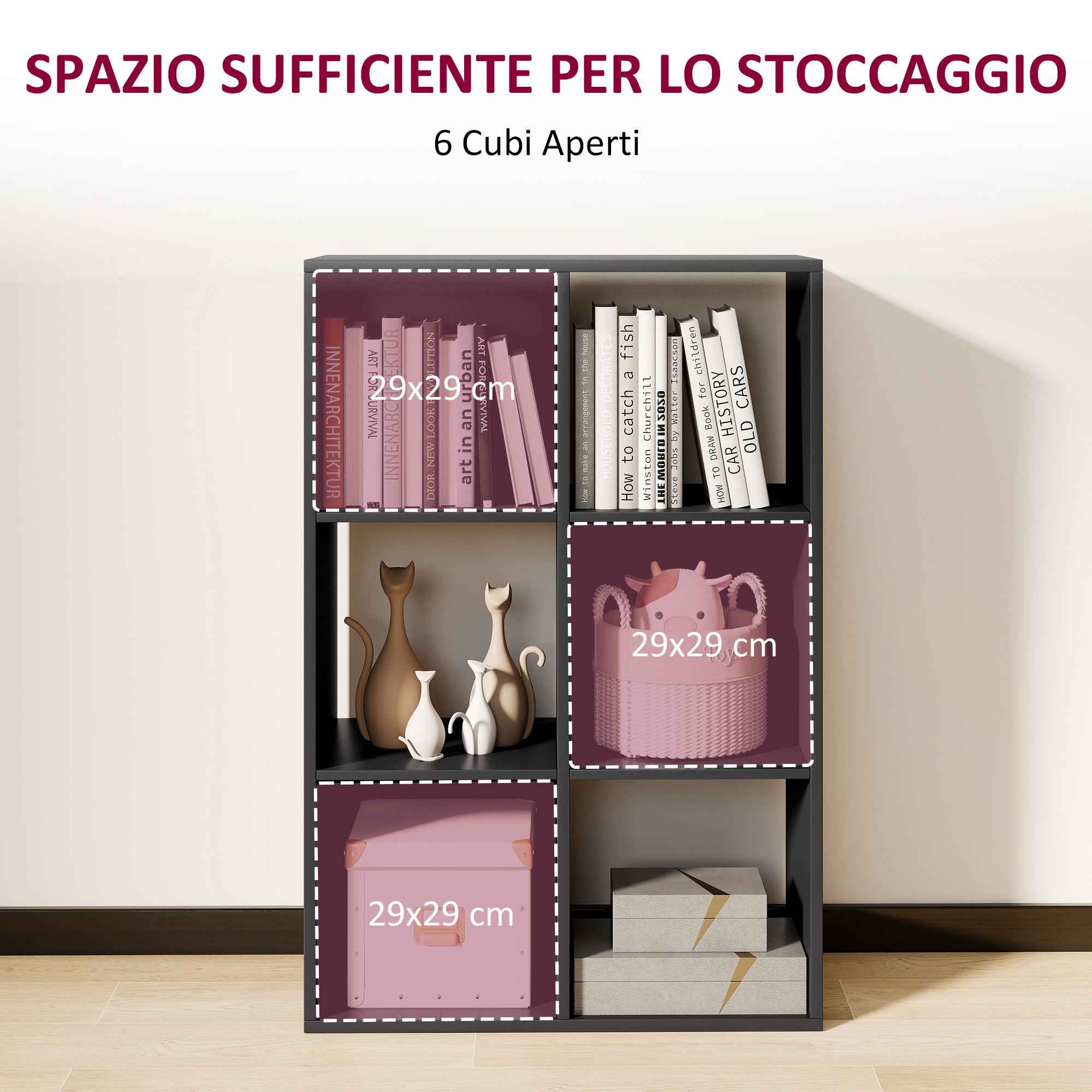 HOMCOM Cube Bookcase with 6 Storage Shelves, Wooden, 61.5 x 29.5 x 91.5 cm, Black